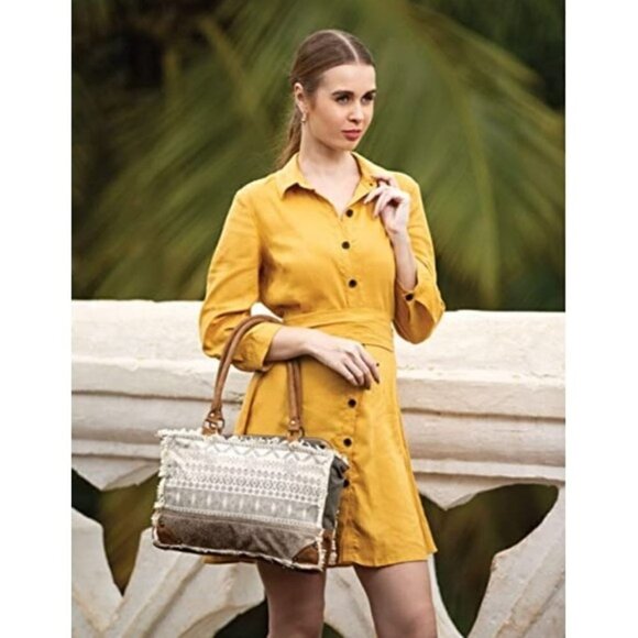 🆕 hobo aztec ivory leather top handle upcycled cowhide canvas crossbody NWT - Picture 1 of 7